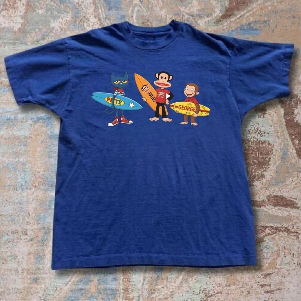 Pete The Cat X Paul Frank X Curious George Characters Holding Surfboards